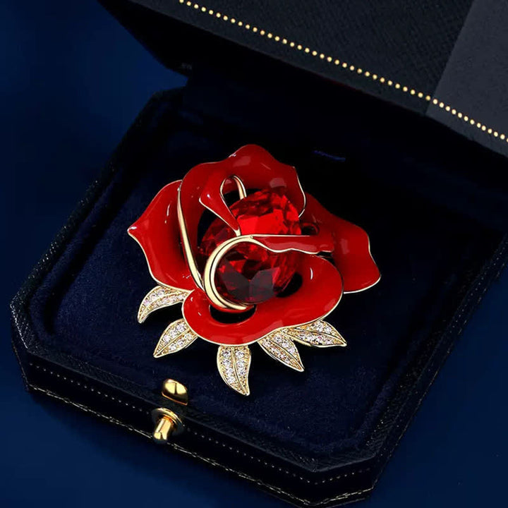 Women's Elegant Red Rose Crystal Bud Brooch