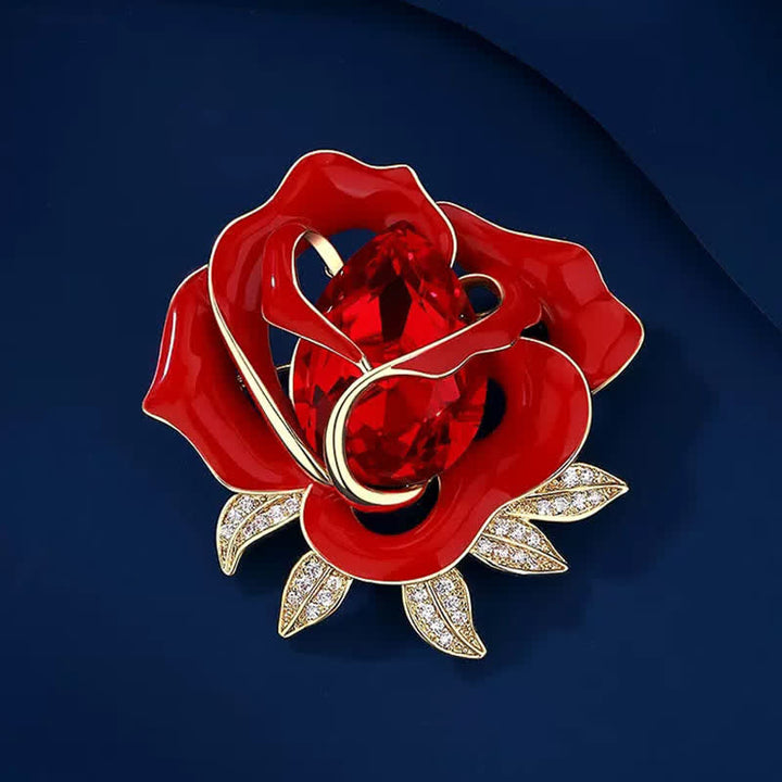 Women's Elegant Red Rose Crystal Bud Brooch