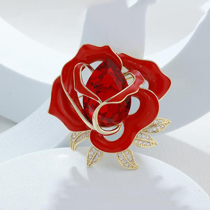 Women's Elegant Red Rose Crystal Bud Brooch