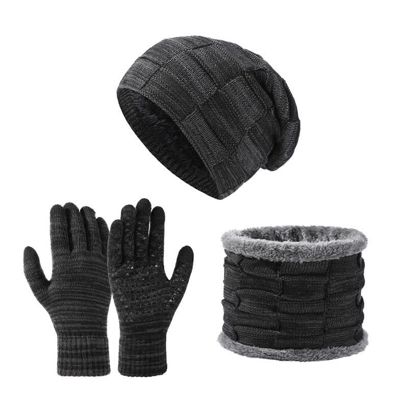 3Pcs Unisex Two-Tone Square Knitted Hat Neck Gaiter Gloves Set