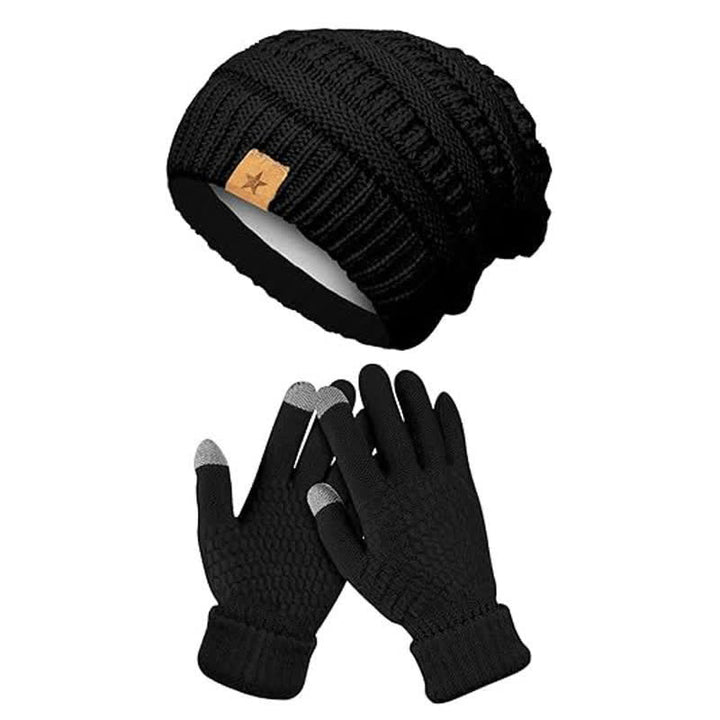 2Pcs Unisex Simple Solid Color Knitted Hat Scarf Gloves Set