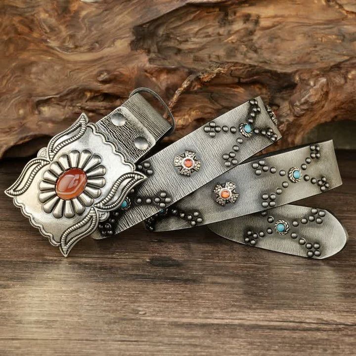 Colorful Gems Stone-Decorated Western Rivets Leather Belt