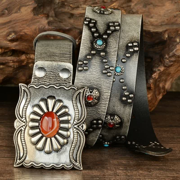Colorful Gems Stone-Decorated Western Rivets Leather Belt