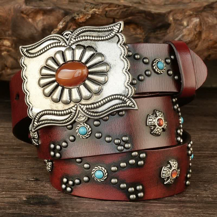 Colorful Gems Stone-Decorated Western Rivets Leather Belt