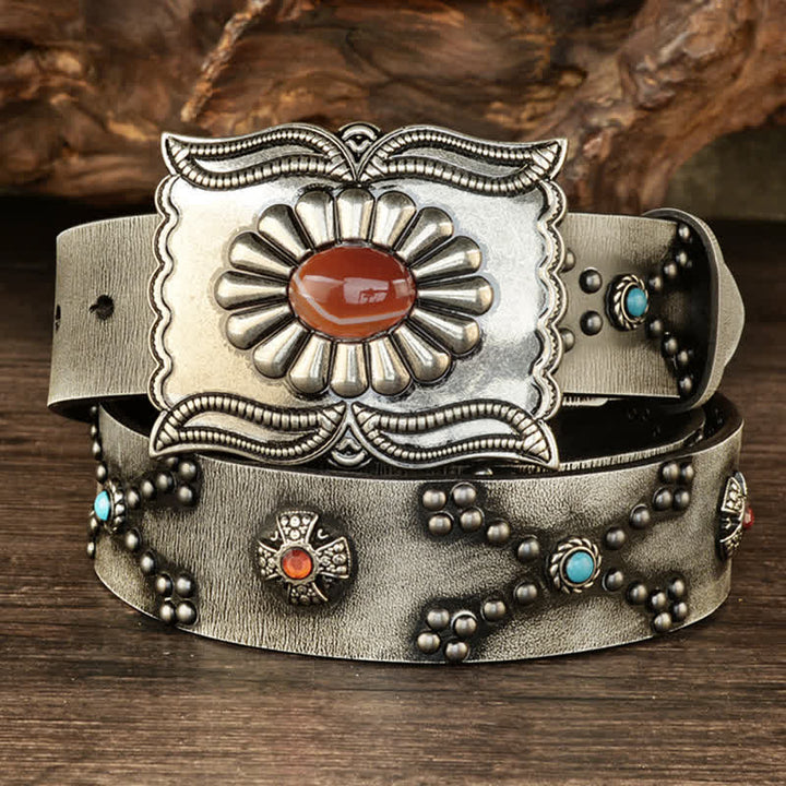 Colorful Gems Stone-Decorated Western Rivets Leather Belt