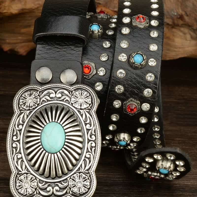 Gothic Red & Blue Gem Rivets Retro Black Leather Belt