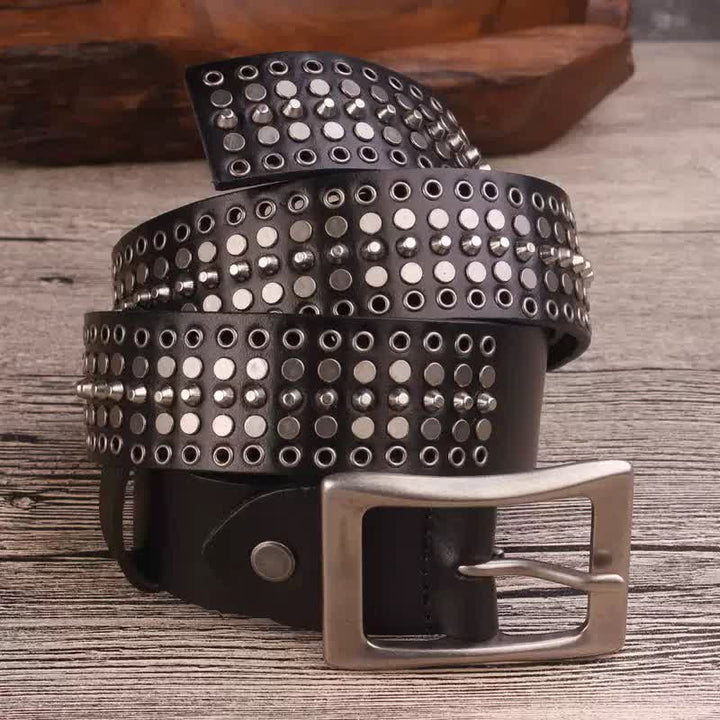 Rock Five Row Silver Studded Rivets Leather Belt