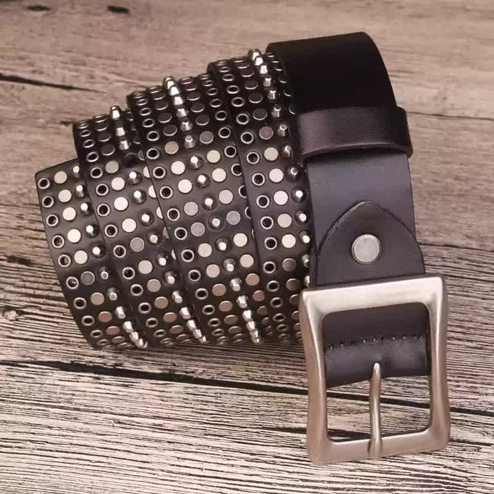 Rock Five Row Silver Studded Rivets Leather Belt