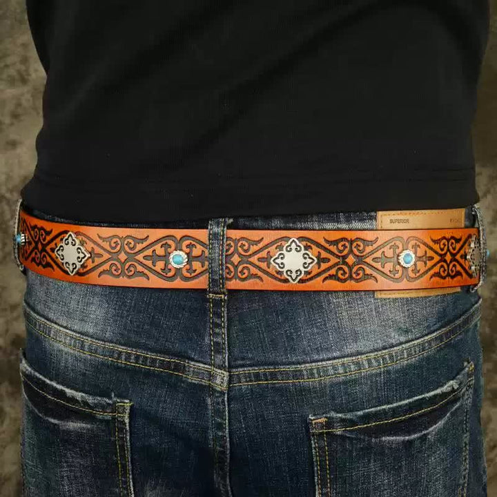 Ethnic Look Orange Embossed Pattern Leather Belt