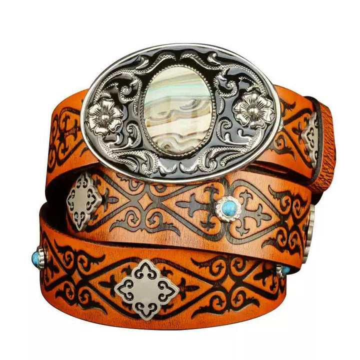 Ethnic Look Orange Embossed Pattern Leather Belt