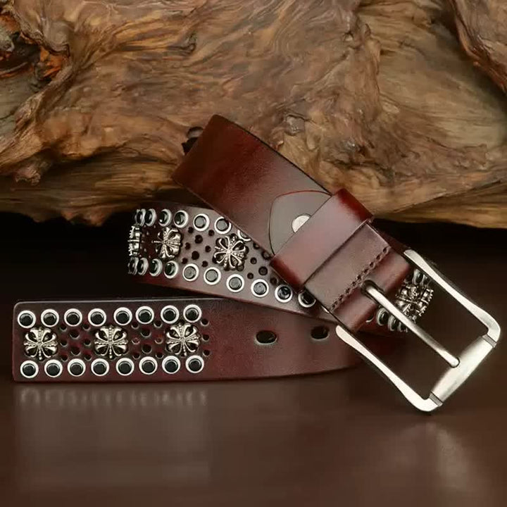 Hip-Hop Hollow Flower Vintage Studded Leather Belt