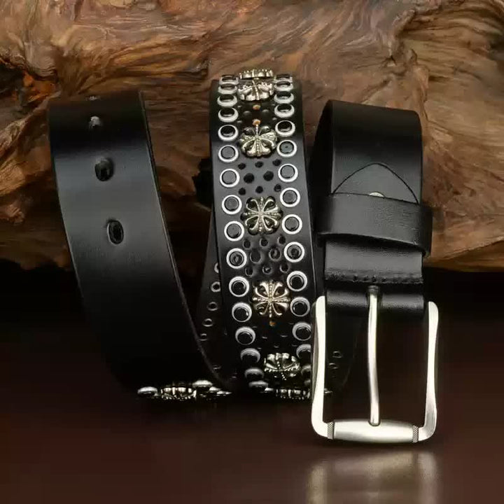 Hip-Hop Hollow Flower Vintage Studded Leather Belt