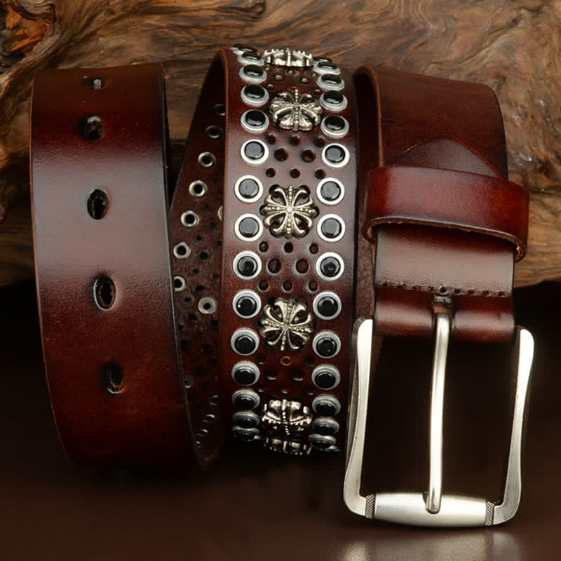 Hip-Hop Hollow Flower Vintage Studded Leather Belt