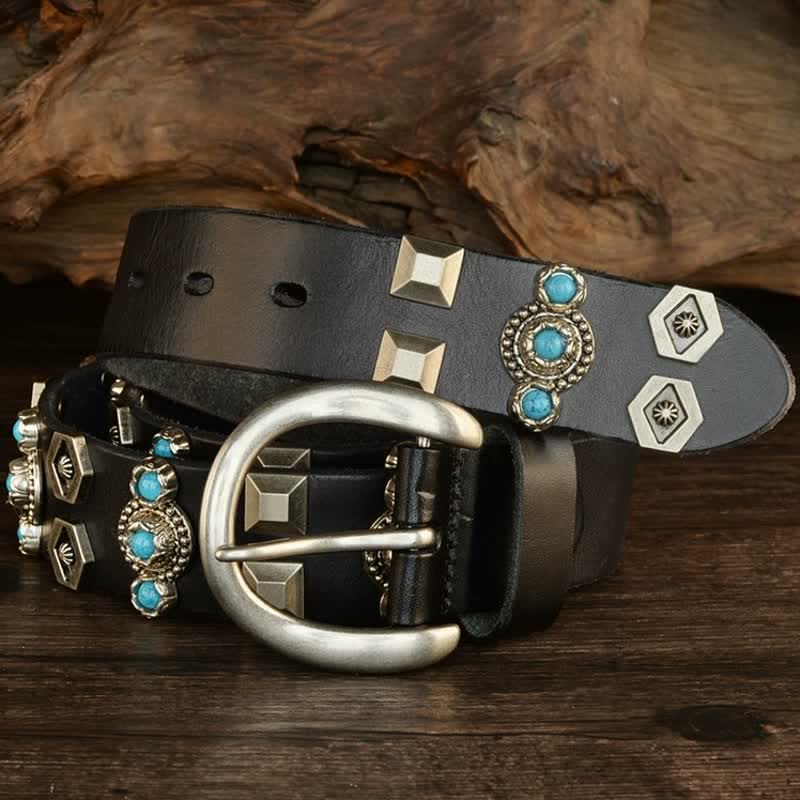 Stylish Turquoise Studded Geometric Rivets Leather Belt