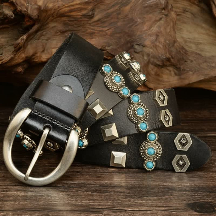 Stylish Turquoise Studded Geometric Rivets Leather Belt