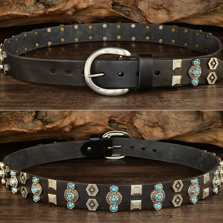 Stylish Turquoise Studded Geometric Rivets Leather Belt