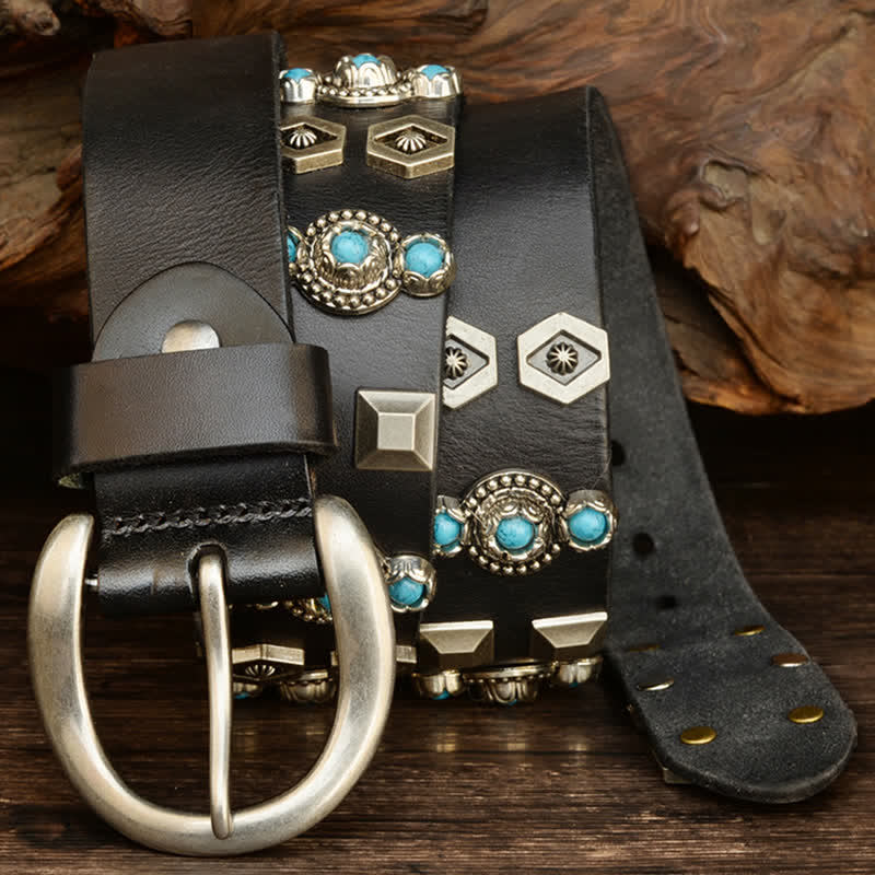 Stylish Turquoise Studded Geometric Rivets Leather Belt