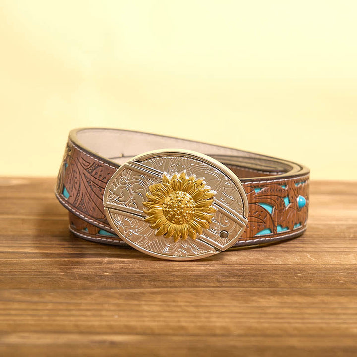 Men's DIY Gold & Silver Sunflower Hidden Folding Knife Leather Belt - Sunflower - Turquoise Carved Belt - 42 - image 5