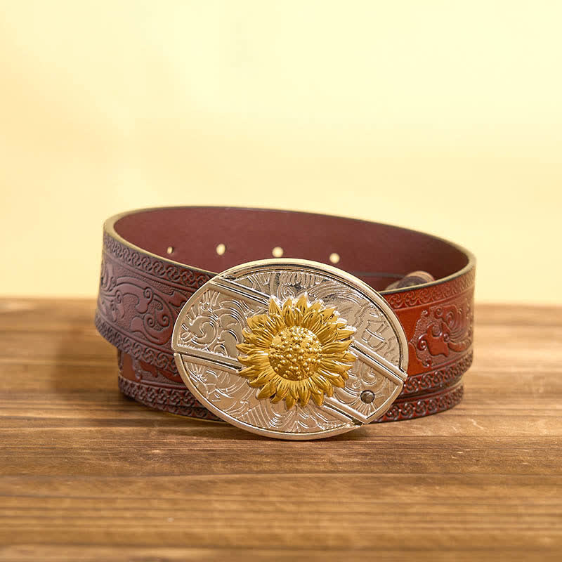 Men's DIY Gold & Silver Sunflower Hidden Folding Knife Leather Belt - Sunflower - Brown Carved Belt - 42 - image 8