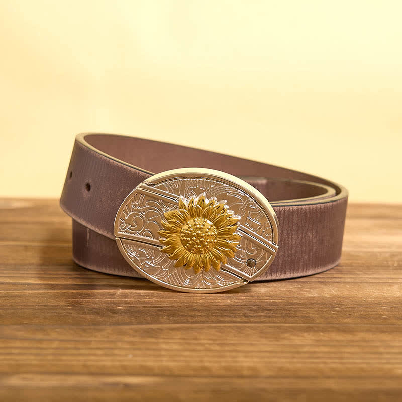 Men's DIY Gold & Silver Sunflower Hidden Folding Knife Leather Belt - Sunflower - Brown Distressed Belt - 42 - image 7
