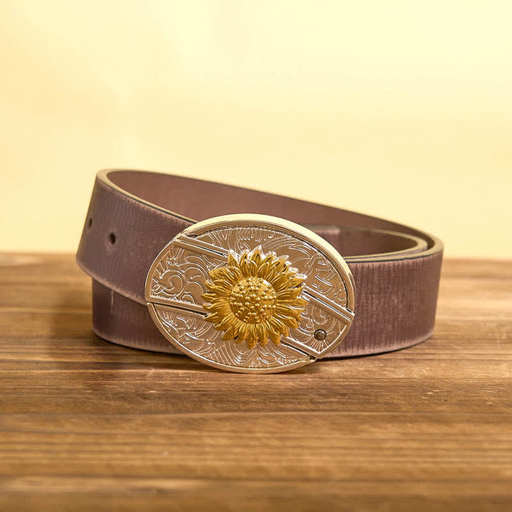 Men's DIY Gold & Silver Sunflower Hidden Folding Knife Leather Belt - Sunflower - Brown Distressed Belt - 42 - image 7