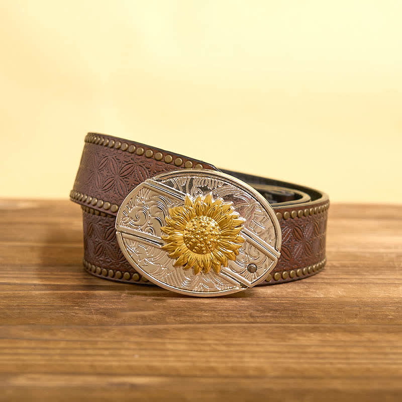 Men's DIY Gold & Silver Sunflower Hidden Folding Knife Leather Belt - Sunflower - Brown Rivet Belt - 42 - image 6