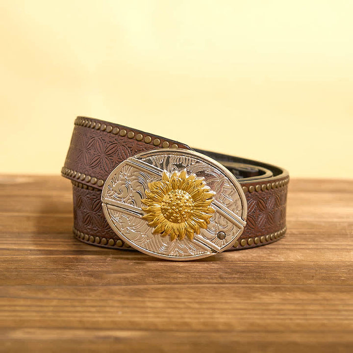 Men's DIY Gold & Silver Sunflower Hidden Folding Knife Leather Belt - Sunflower - Brown Rivet Belt - 42 - image 6