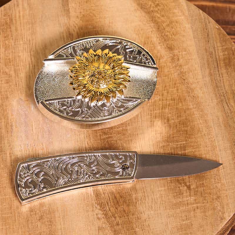 Men's DIY Gold & Silver Sunflower Hidden Folding Knife Leather Belt - image 3