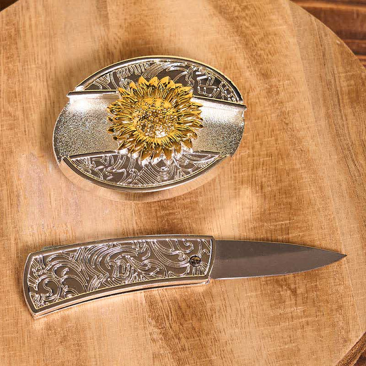Men's DIY Gold & Silver Sunflower Hidden Folding Knife Leather Belt - image 3