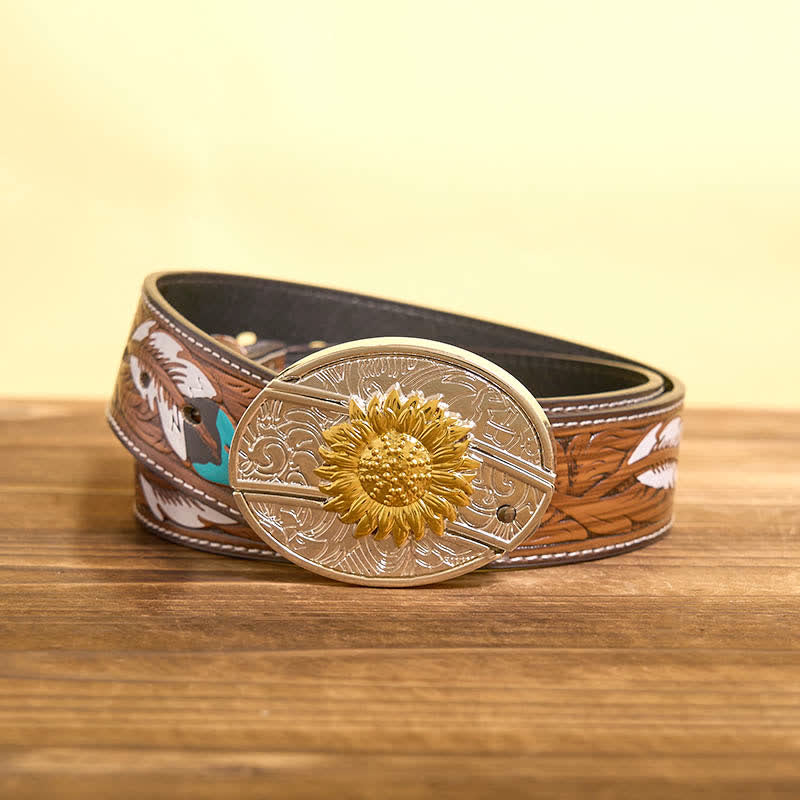 Men's DIY Gold & Silver Sunflower Hidden Folding Knife Leather Belt - Sunflower - Brown Feather Belt - 40 - image 9