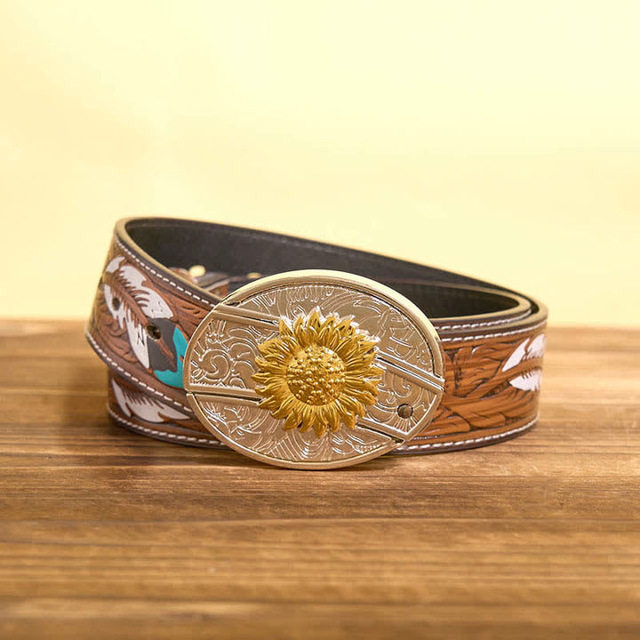 Men's DIY Gold & Silver Sunflower Hidden Folding Knife Leather Belt - Sunflower - Brown Feather Belt - 40 - image 9