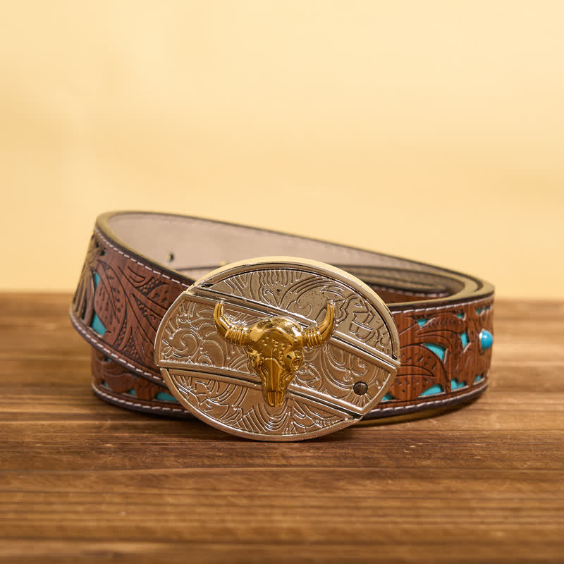 Men's DIY Gold & Silver Bull Hidden Folding Knife Leather Belt - Bull - Turquoise Carved Belt - 42 - image 6