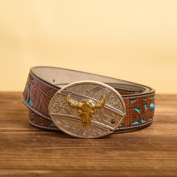 Men's DIY Gold & Silver Bull Hidden Folding Knife Leather Belt - Bull - Turquoise Carved Belt - 42 - image 6