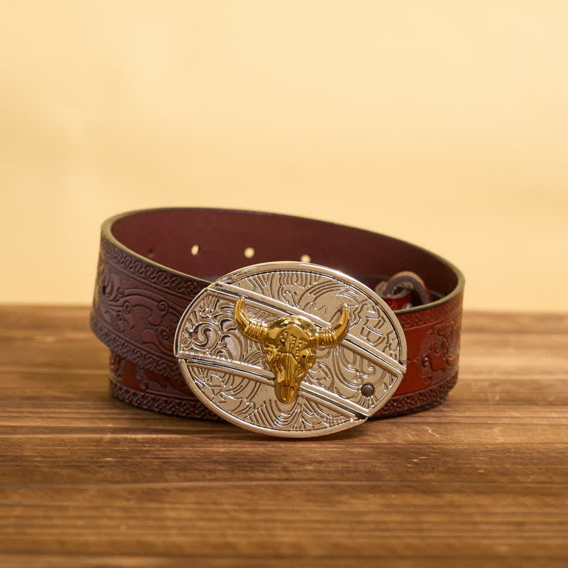Men's DIY Gold & Silver Bull Hidden Folding Knife Leather Belt - Bull - Brown Carved Belt - 42 - image 9