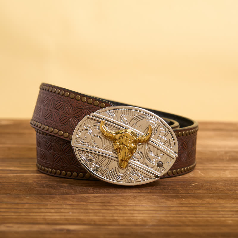 Men's DIY Gold & Silver Bull Hidden Folding Knife Leather Belt - Bull - Brown Rivet Belt - 42 - image 7