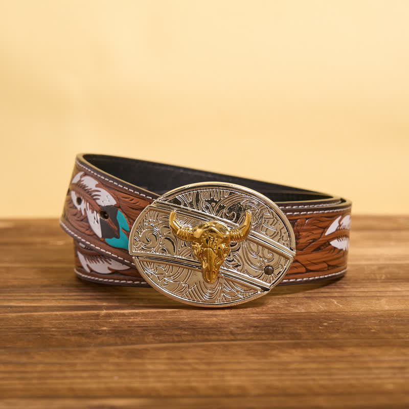 Men's DIY Gold & Silver Bull Hidden Folding Knife Leather Belt - image 2