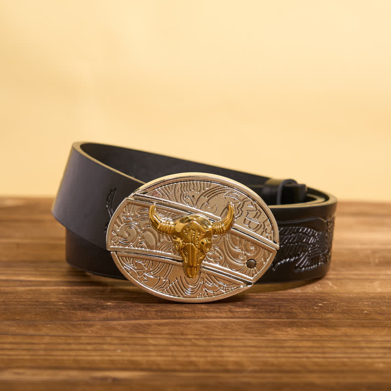Men's DIY Gold & Silver Bull Hidden Folding Knife Leather Belt - Bull - Black Embossed Eagle Belt - 42 - image 5