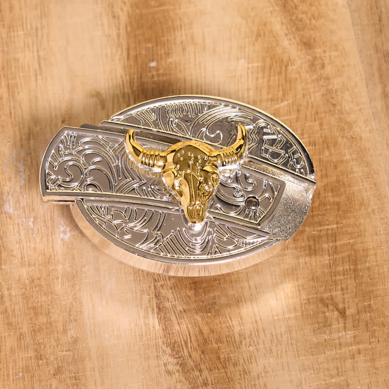 Men's DIY Gold & Silver Bull Hidden Folding Knife Leather Belt - image 3