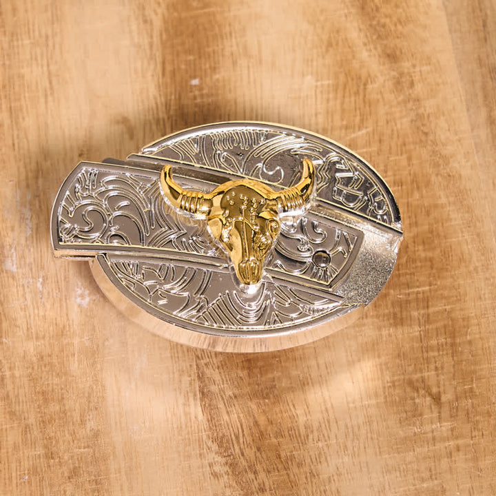 Men's DIY Gold & Silver Bull Hidden Folding Knife Leather Belt - image 3