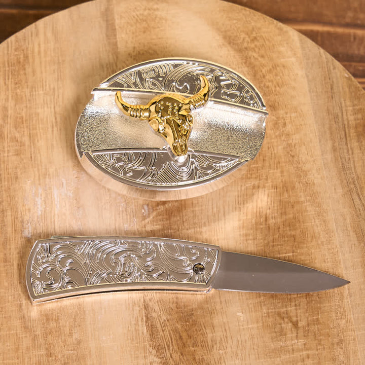 Men's DIY Gold & Silver Bull Hidden Folding Knife Leather Belt - image 4