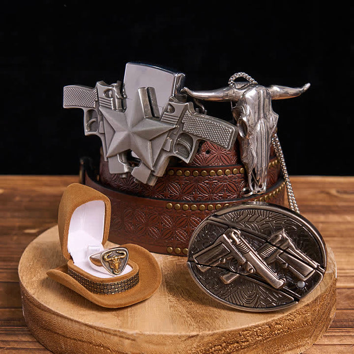 DIY Guns Hidden Knife Belt Buckle Bull Ring Pendant Kerosene Lighter Bundle Set - Dual Guns - Brown Rivet Belt - 42 - image 6