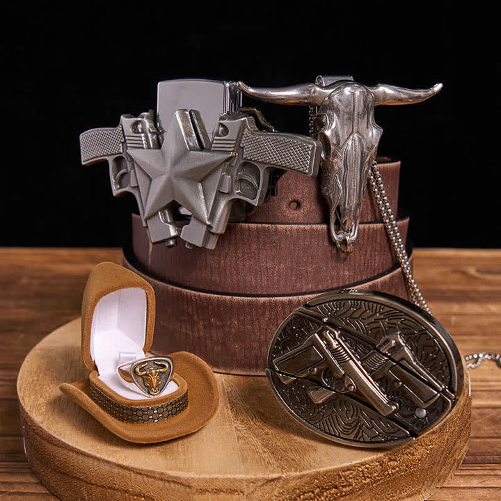 DIY Guns Hidden Knife Belt Buckle Bull Ring Pendant Kerosene Lighter Bundle Set - Dual Guns - Brown Distressed Belt - 42 - image 7