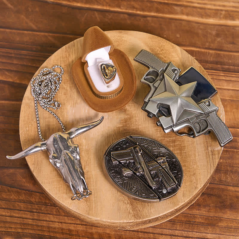 DIY Guns Hidden Knife Belt Buckle Bull Ring Pendant Kerosene Lighter Bundle Set - Dual Guns - Without Belt - Not Include Belt - image 1