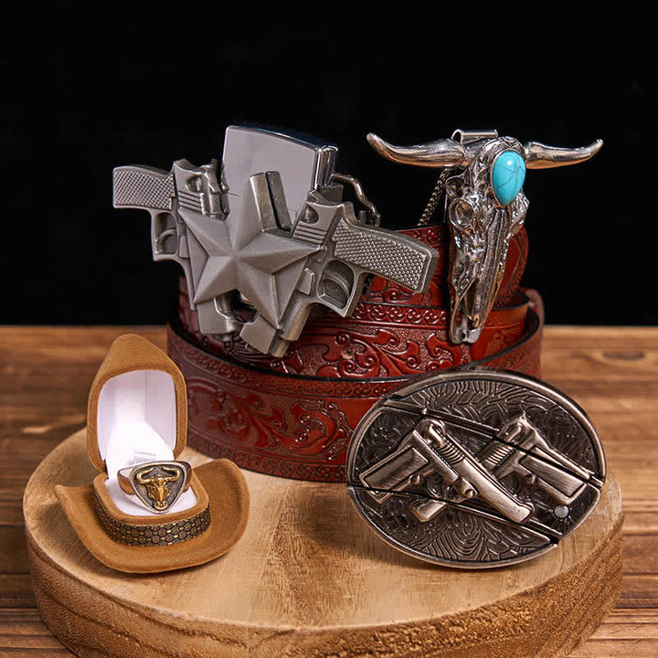 Turquoise Bull Pendant DIY Gun Hidden Knife Belt Buckle Ring Lighter Bundle Set - Dual Guns - Brown Carved Belt - 42 - image 5