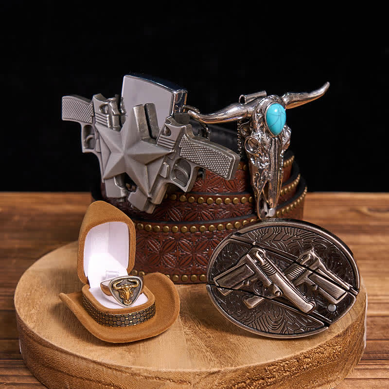 Turquoise Bull Pendant DIY Gun Hidden Knife Belt Buckle Ring Lighter Bundle Set - Dual Guns - Brown Rivet Belt - 42 - image 3