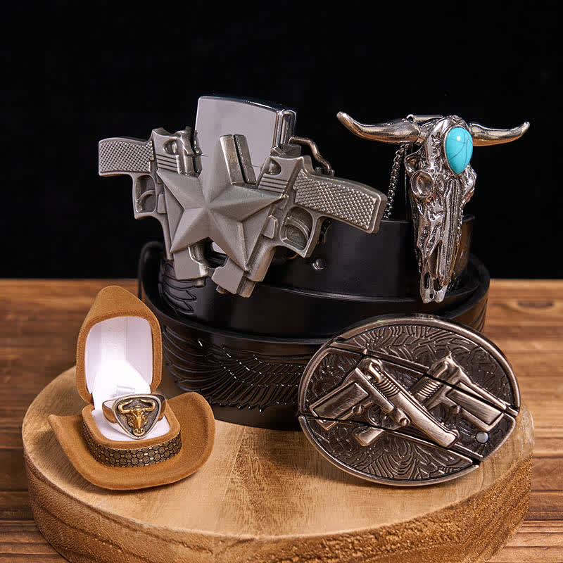 Turquoise Bull Pendant DIY Gun Hidden Knife Belt Buckle Ring Lighter Bundle Set - Dual Guns - Black Embossed Eagle Belt - 42 - image 2
