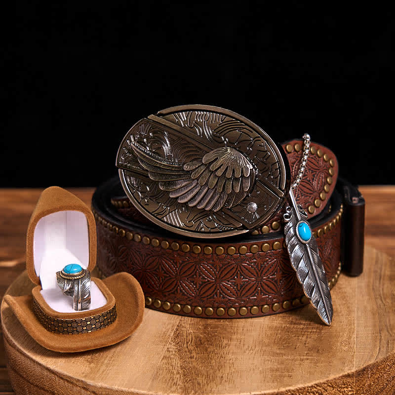 Angle Wing DIY Hidden Knife Belt Buckle Turquoise Feather Necklace Ring Bundle Set (PRE-SALE) - Wings - Brown Rivet Belt - 42 - image 12