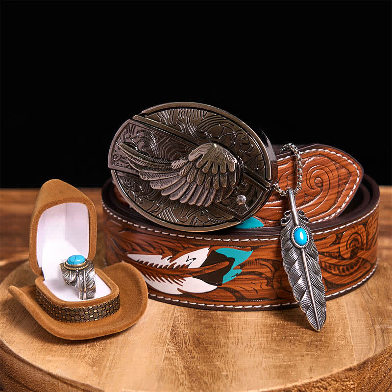 Angle Wing DIY Hidden Knife Belt Buckle Turquoise Feather Necklace Ring Bundle Set - Wings - Brown Feather Belt - 40 - image 0