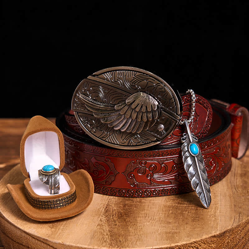 Angle Wing DIY Hidden Knife Belt Buckle Turquoise Feather Necklace Ring Bundle Set (PRE-SALE) - Wings - Brown Carved Belt - 42 - image 14