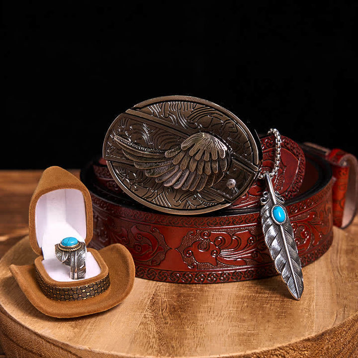 Angle Wing DIY Hidden Knife Belt Buckle Turquoise Feather Necklace Ring Bundle Set (PRE-SALE) - Wings - Brown Carved Belt - 42 - image 14